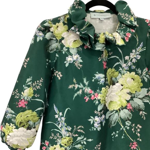 Tuckernuck Bouvier Blouse Green Floral Ruffle Collar Blouson Sleeves Size XS - Picture 5 of 12
